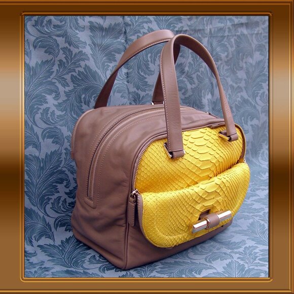 💖 RARE Jimmy Choo Justine Bag Taupe Leather Yellow Python - Picture 1 of 17